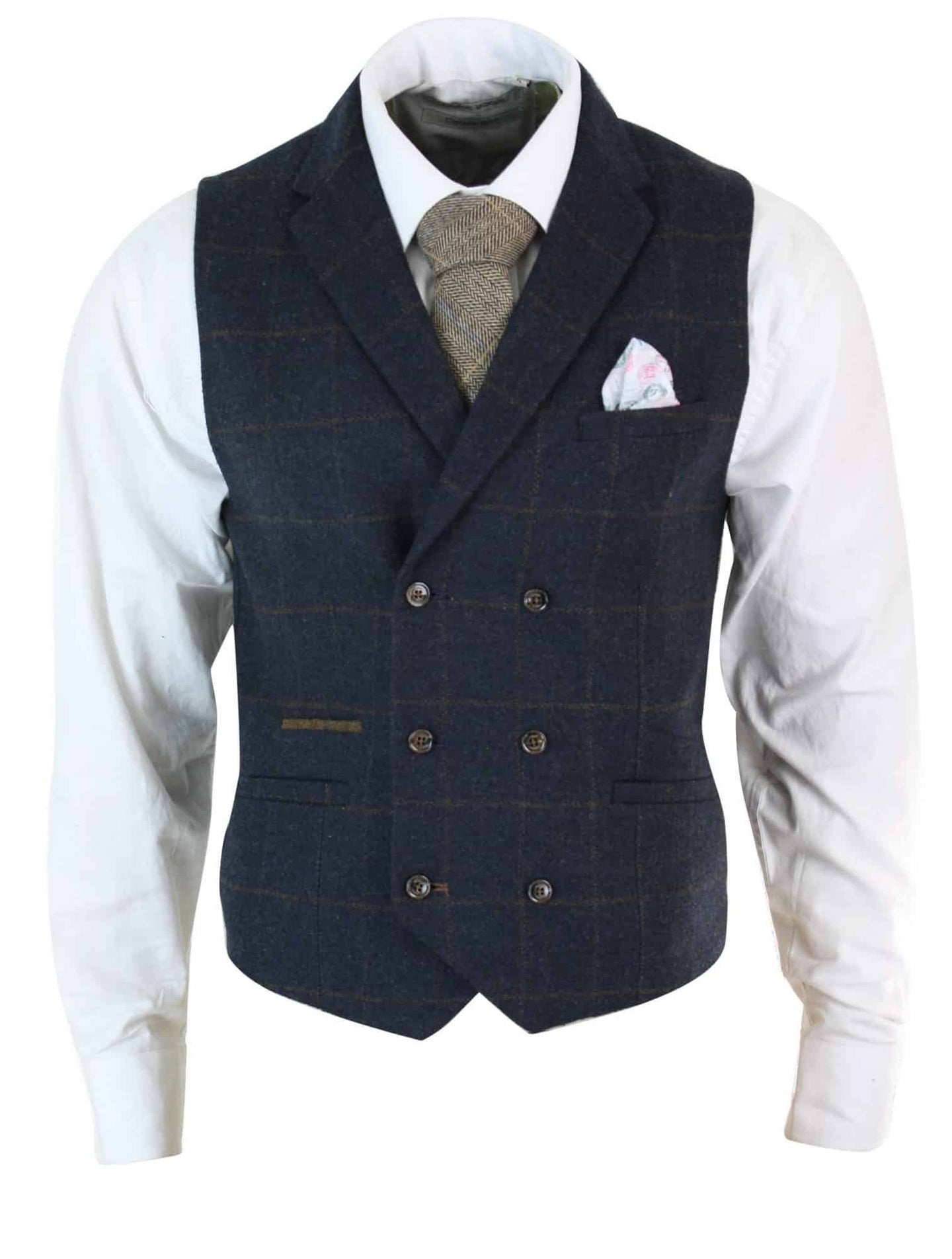 Meeste kaherealine kalasabamustriga tviidmustris Peaky Blinders vintage ruuduline vest tumesinine