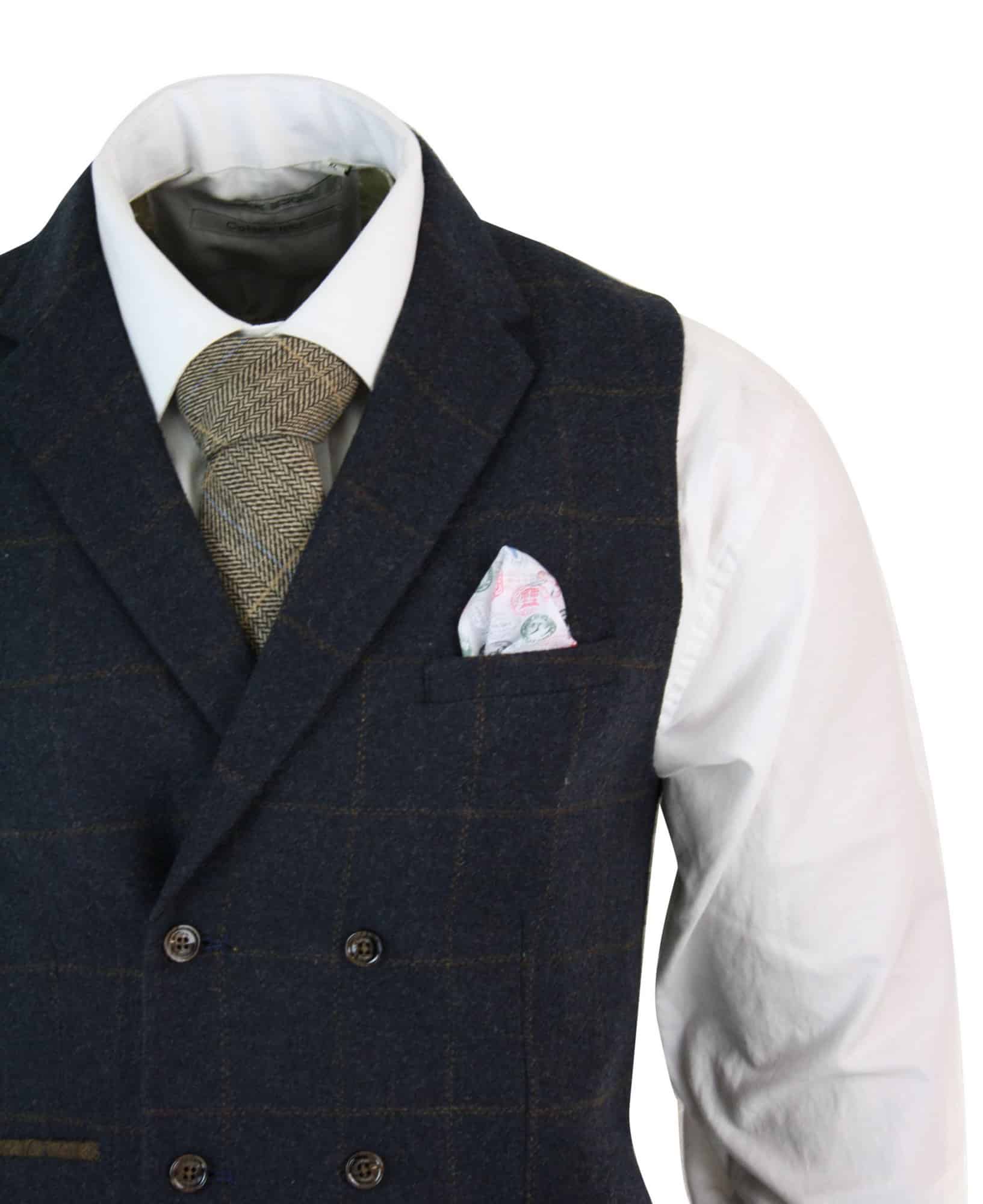 Meeste kaherealine kalasabamustriga tviidmustris Peaky Blinders vintage ruuduline vest tumesinine