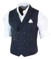 Meeste kaherealine kalasabamustriga tviidmustris Peaky Blinders vintage ruuduline vest tumesinine