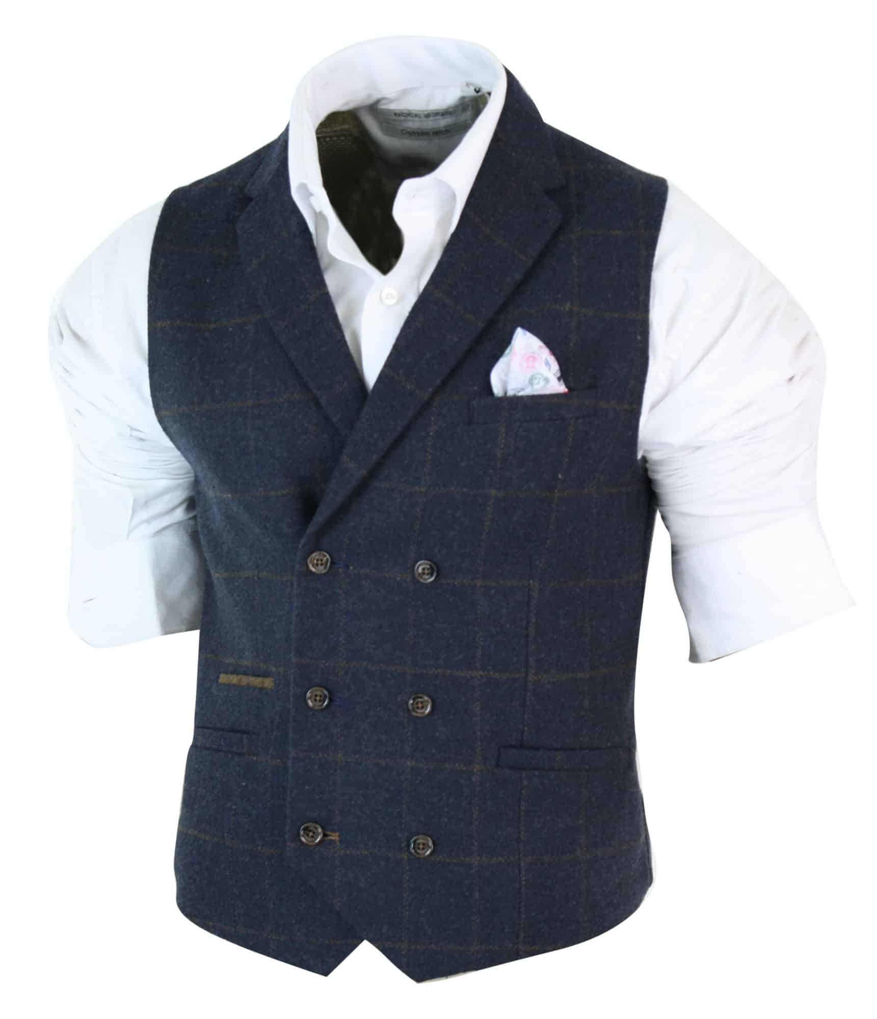 Meeste kaherealine kalasabamustriga tviidmustris Peaky Blinders vintage ruuduline vest tumesinine