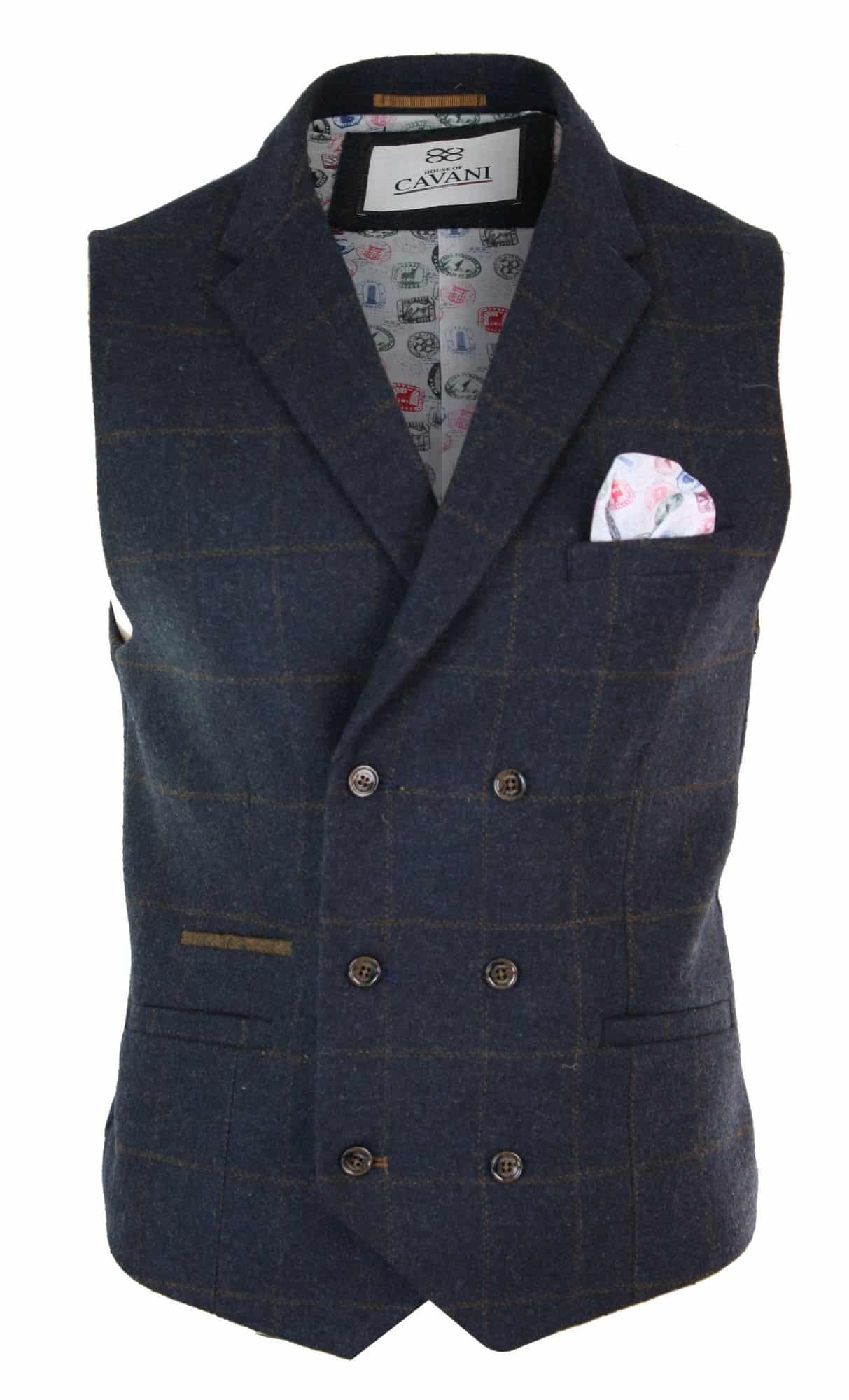 Meeste kaherealine kalasabamustriga tviidmustris Peaky Blinders vintage ruuduline vest tumesinine