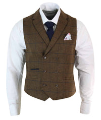 Meeste kaherealine kalasabamustriga tviidmustris Peaky Blinders vintage ruuduline vest tan-pruun