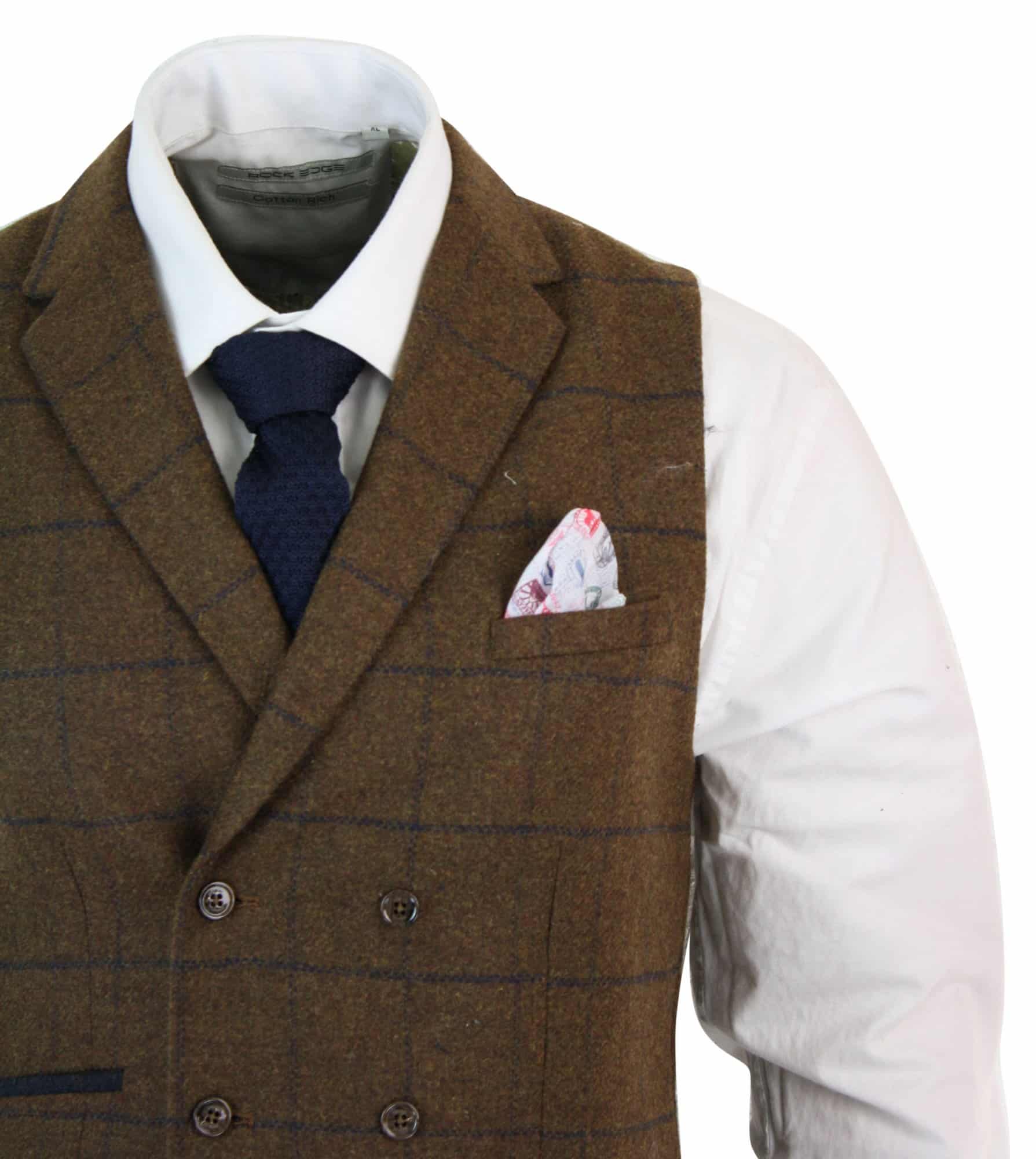 Meeste kaherealine kalasabamustriga tviidmustris Peaky Blinders vintage ruuduline vest tan-pruun
