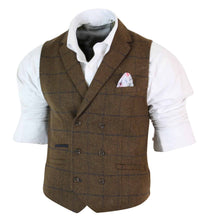 Meeste kaherealine kalasabamustriga tviidmustris Peaky Blinders vintage ruuduline vest tan-pruun