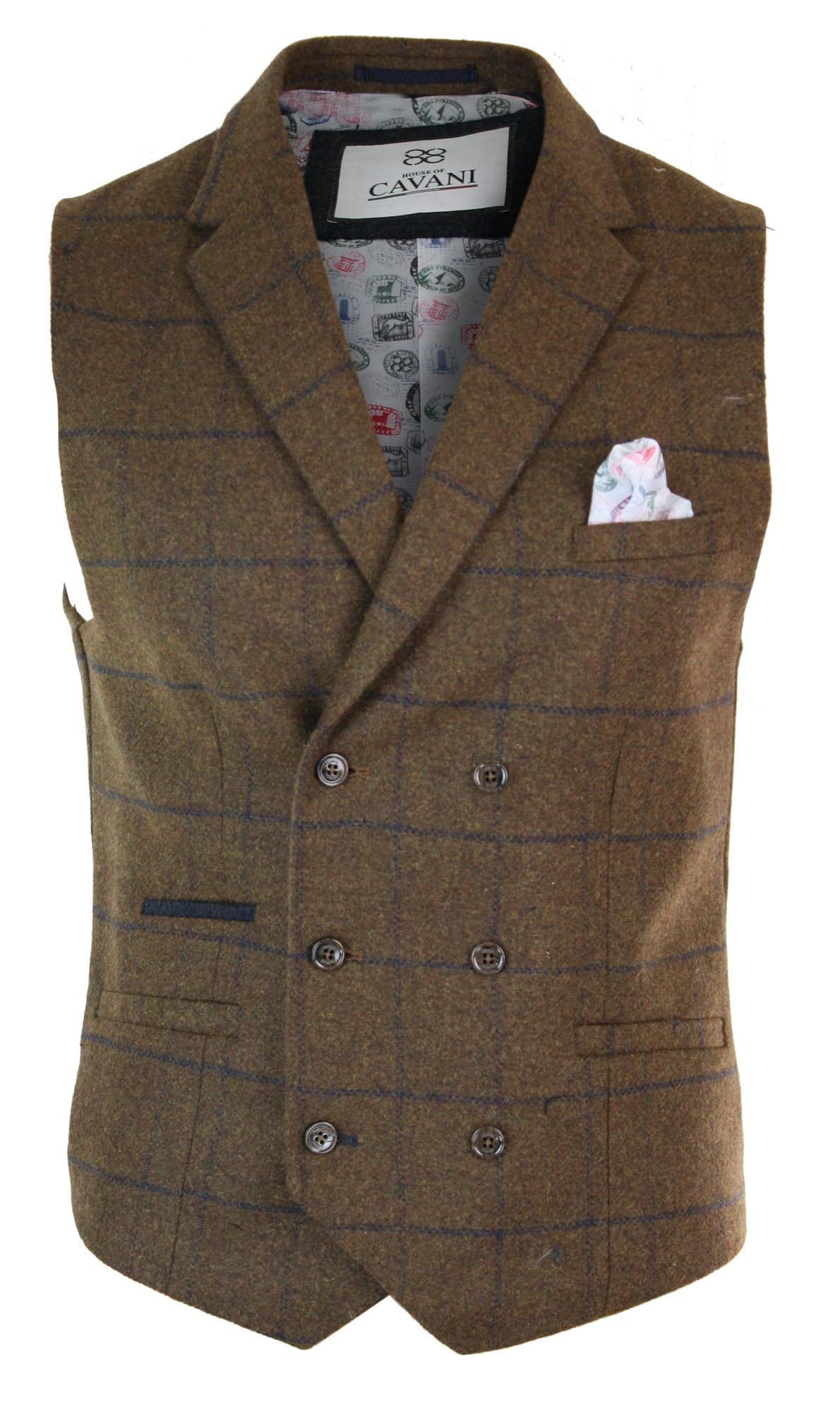 Meeste kaherealine kalasabamustriga tviidmustris Peaky Blinders vintage ruuduline vest tan-pruun