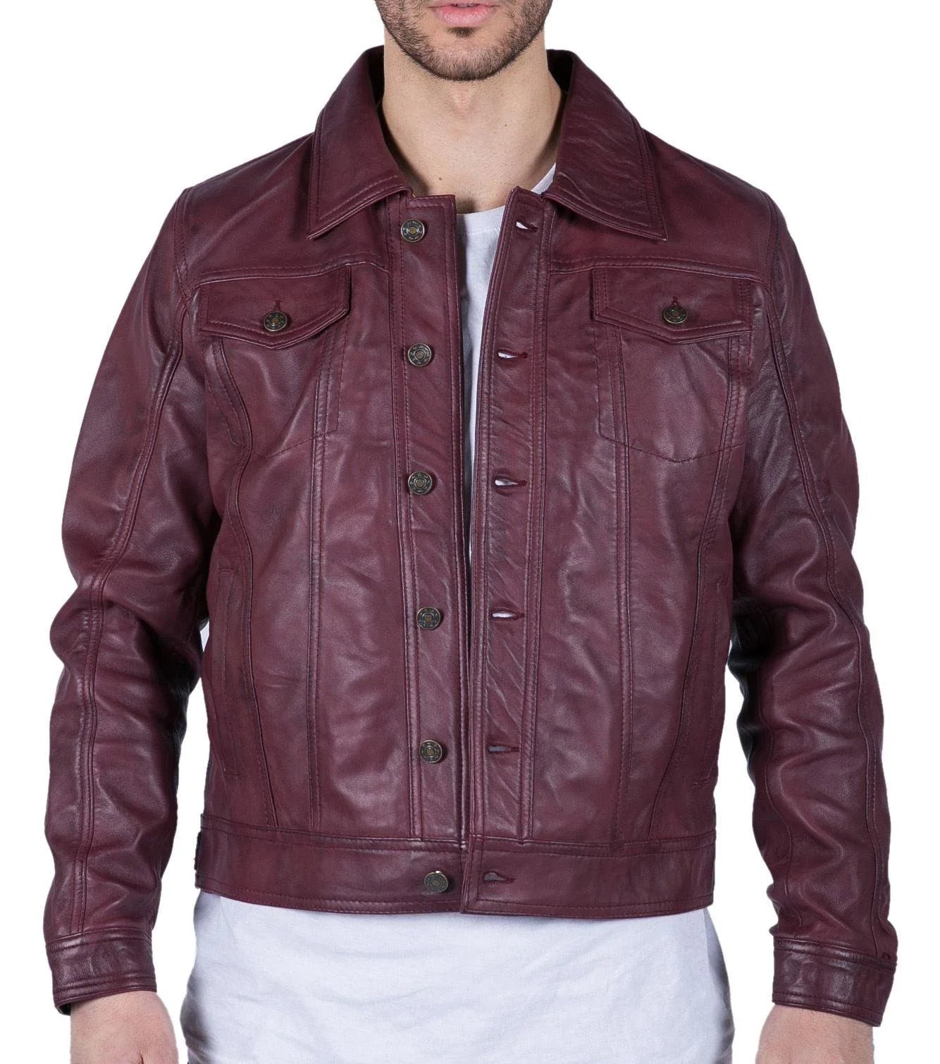 Meeste pärisnahast särk-takk Burgundiapunane veinipunane retro teksade stiilis Brando Classic