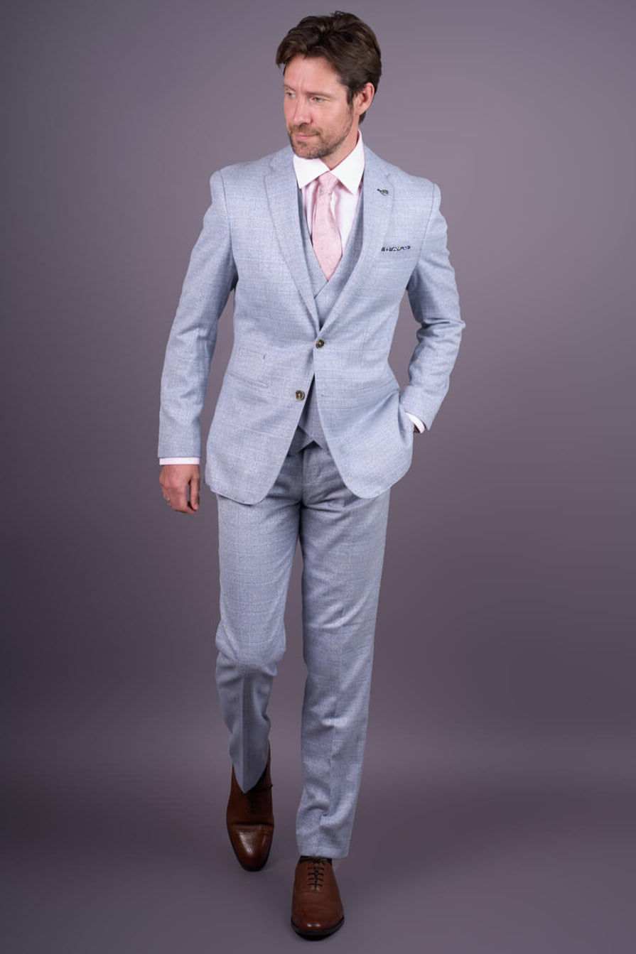 Luis - Meeste helesinine ruuduline slim fit kolmeosaline ülikond