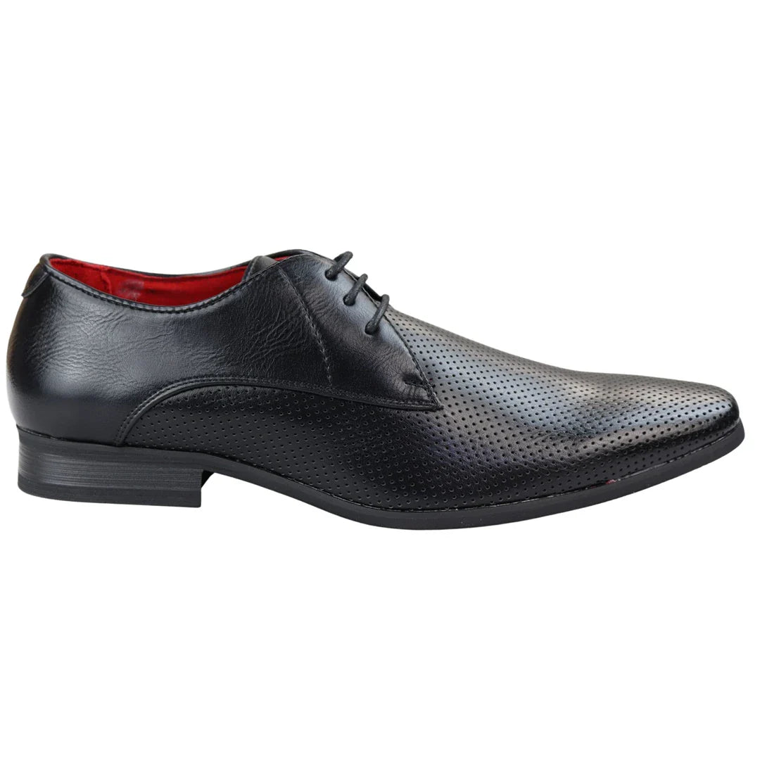 Meeste kingad, elegantsed, pidulikud, perforeeritud, terava servaga, paeltega, mustad, nahast PU-nahast