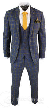 Marc Darcy SBC Roman - meeste 3-osaline sinine-kuldne slim fit ruuduline ülikond Marc Darcy pulmaballile