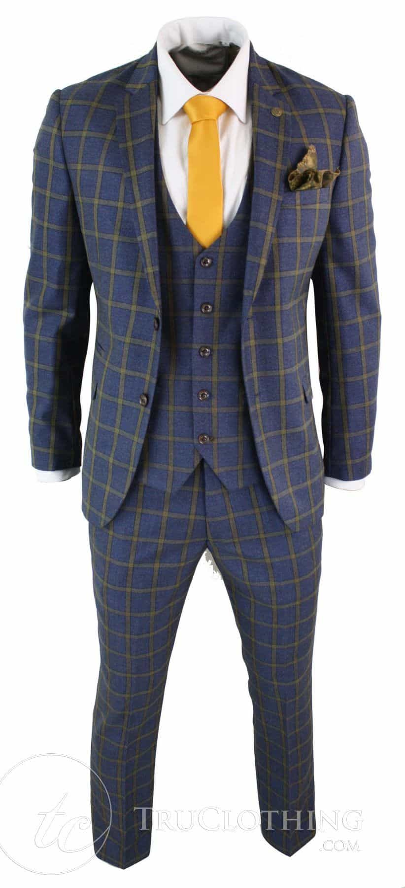 Marc Darcy SBC Roman - meeste 3-osaline sinine-kuldne slim fit ruuduline ülikond Marc Darcy pulmaballile