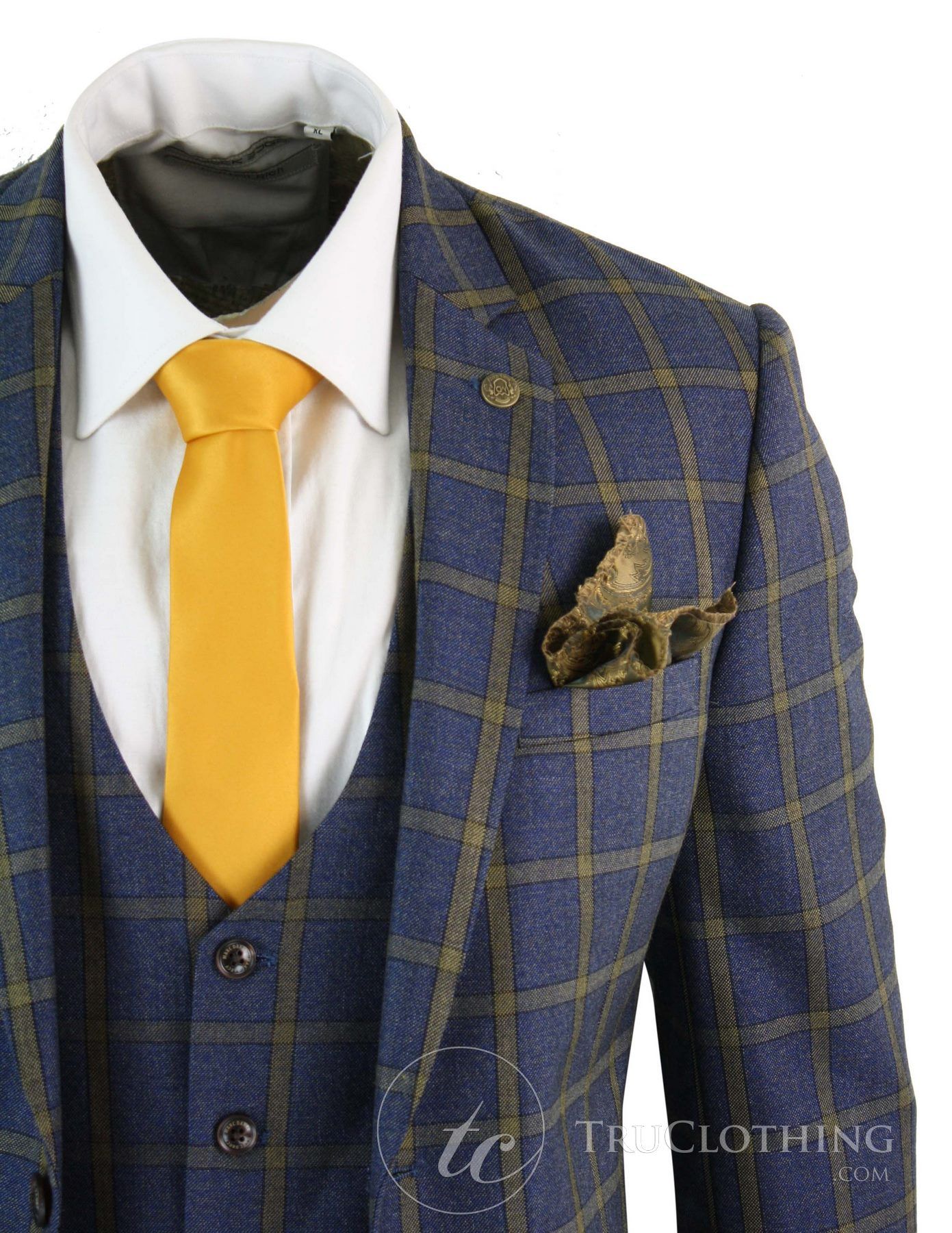 Marc Darcy SBC Roman - meeste 3-osaline sinine-kuldne slim fit ruuduline ülikond Marc Darcy pulmaballile