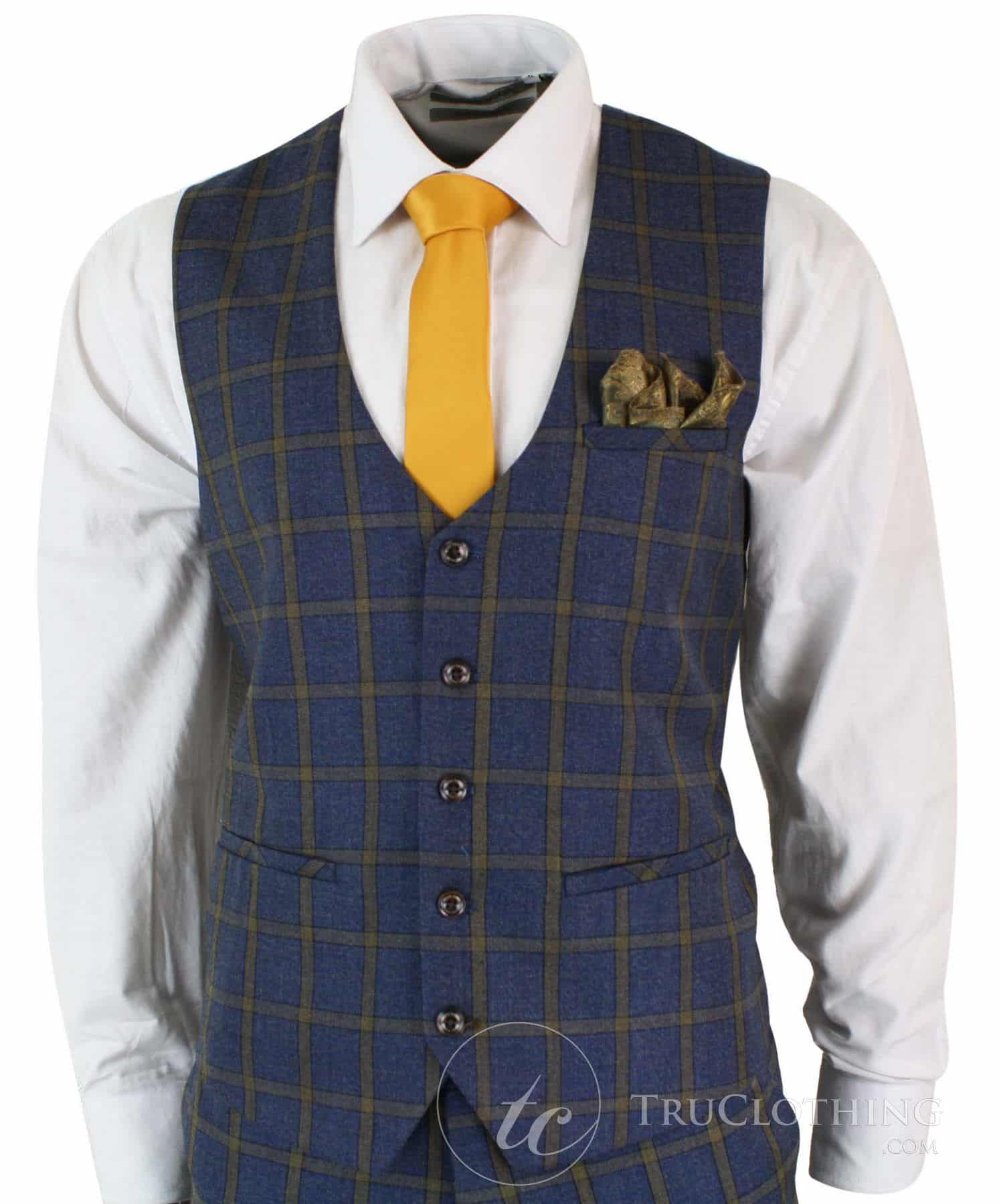 Marc Darcy SBC Roman - meeste 3-osaline sinine-kuldne slim fit ruuduline ülikond Marc Darcy pulmaballile