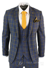 Marc Darcy SBC Roman - meeste 3-osaline sinine-kuldne slim fit ruuduline ülikond Marc Darcy pulmaballile