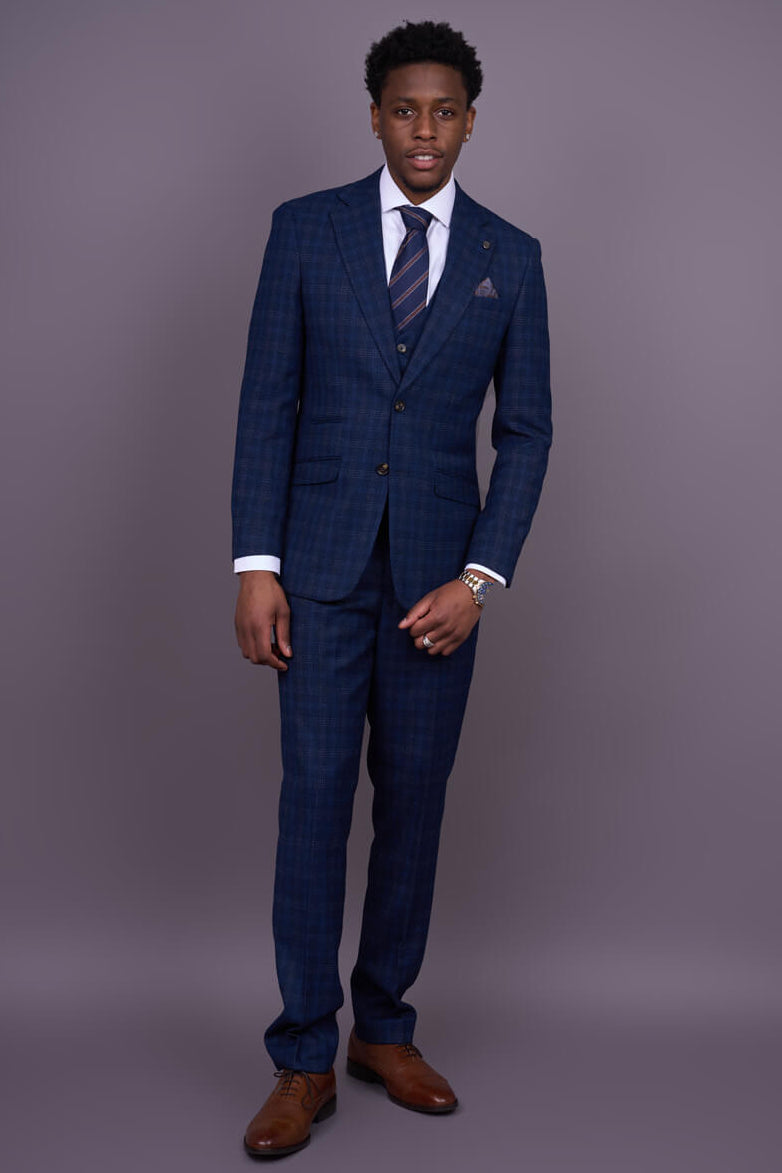 Marcos - meeste tumesinine ruuduline slim fit kolmeosaline ülikond