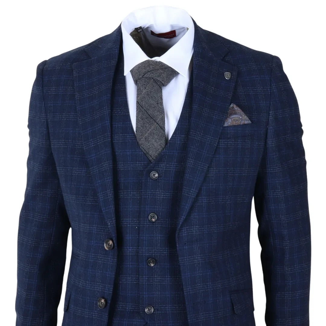 Marcos - meeste tumesinine ruuduline slim fit kolmeosaline ülikond