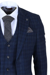 Marcos - meeste tumesinine ruuduline slim fit kolmeosaline ülikond