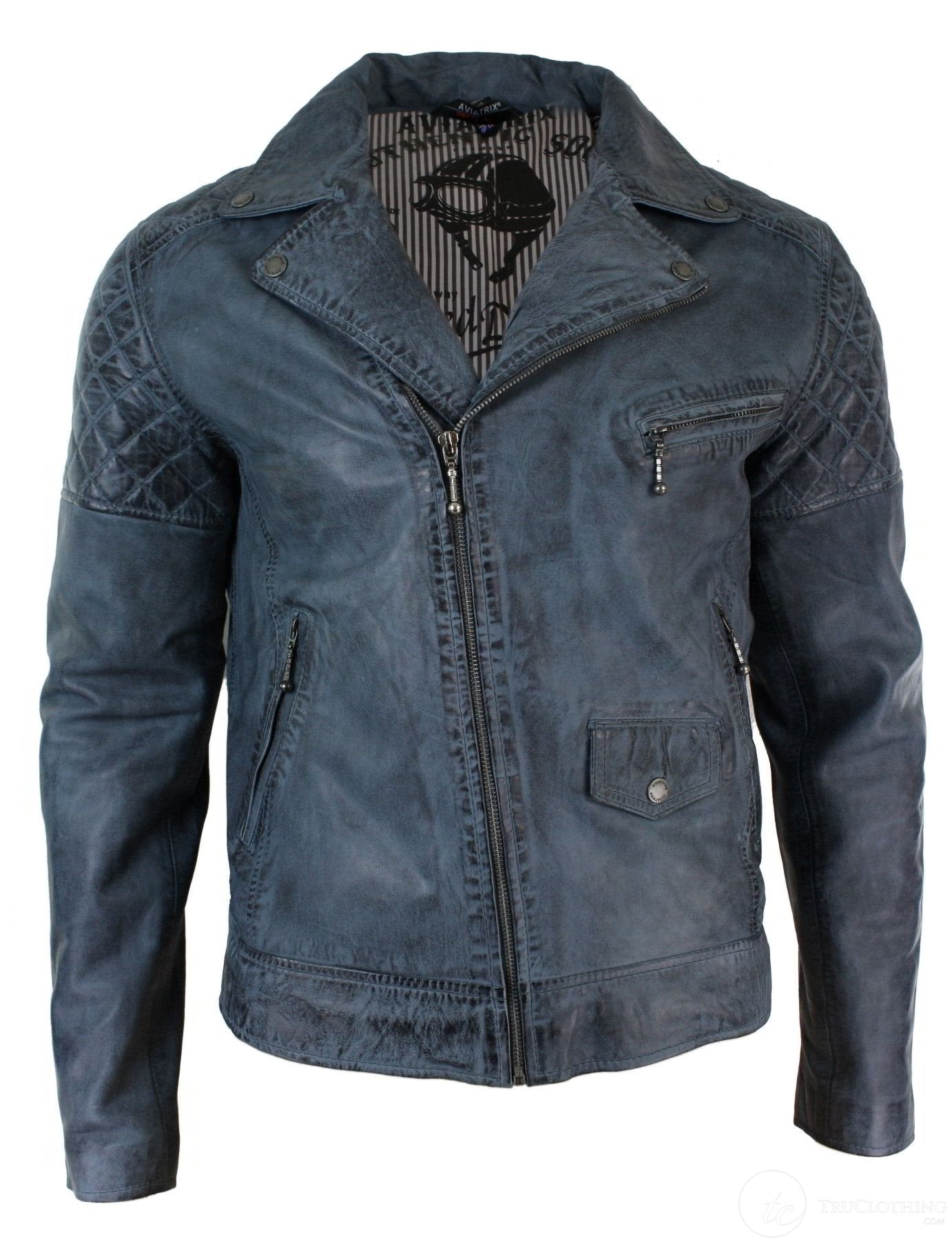 Ehtne nahkne vintage pestud bikerjakk meestele, risti lukuga, retro vabaajajakk - sinine