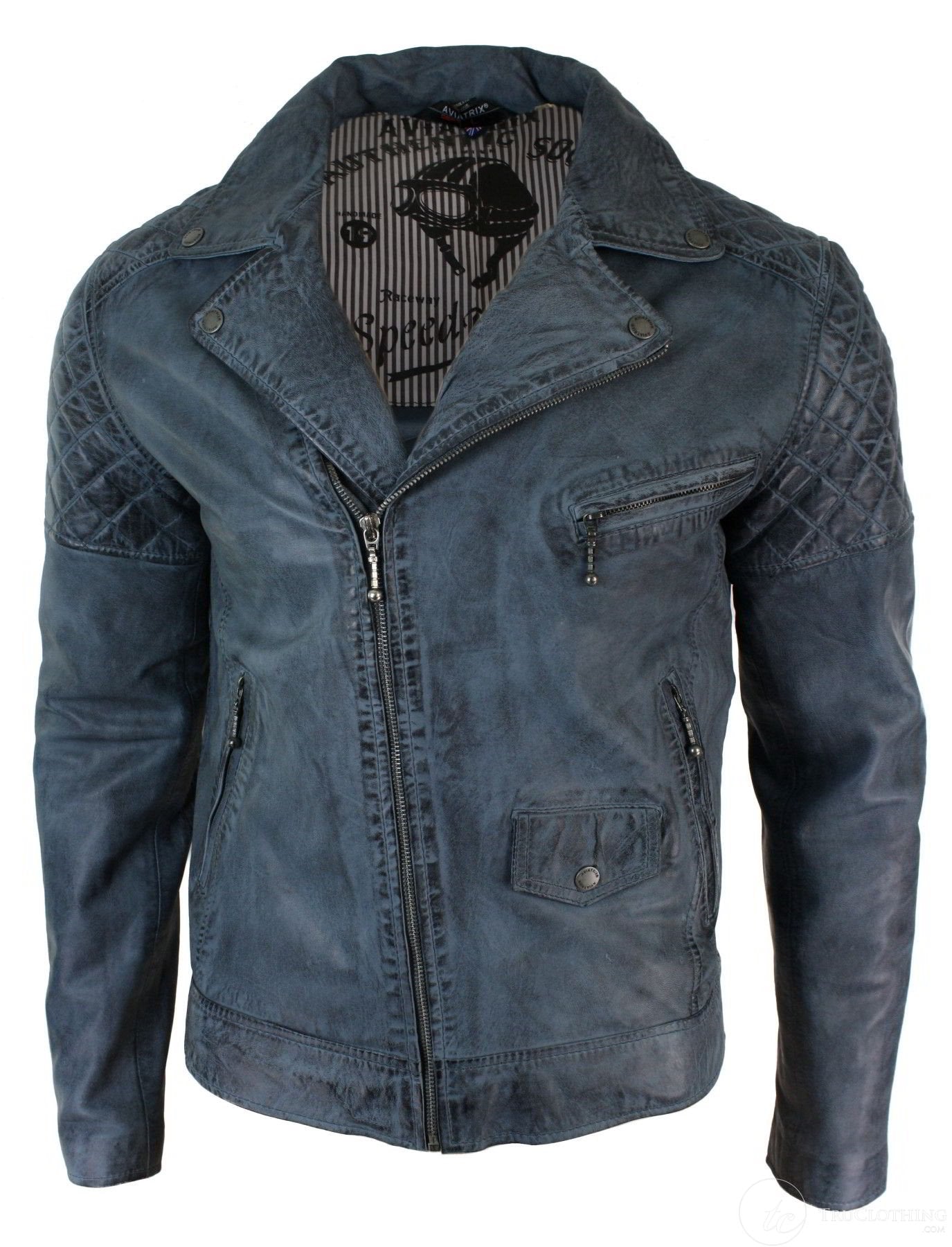 Ehtne nahkne vintage pestud bikerjakk meestele, risti lukuga, retro vabaajajakk - sinine
