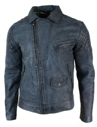 Ehtne nahkne vintage pestud bikerjakk meestele, risti lukuga, retro vabaajajakk - sinine