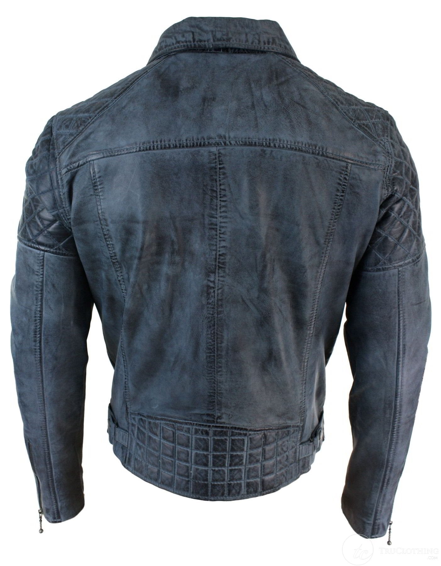 Ehtne nahkne vintage pestud bikerjakk meestele, risti lukuga, retro vabaajajakk - sinine