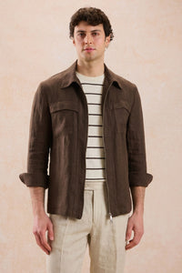 Meeste pruun lukuga linane jakk ja beežid püksid, elegantne vabaaja suvine riietus