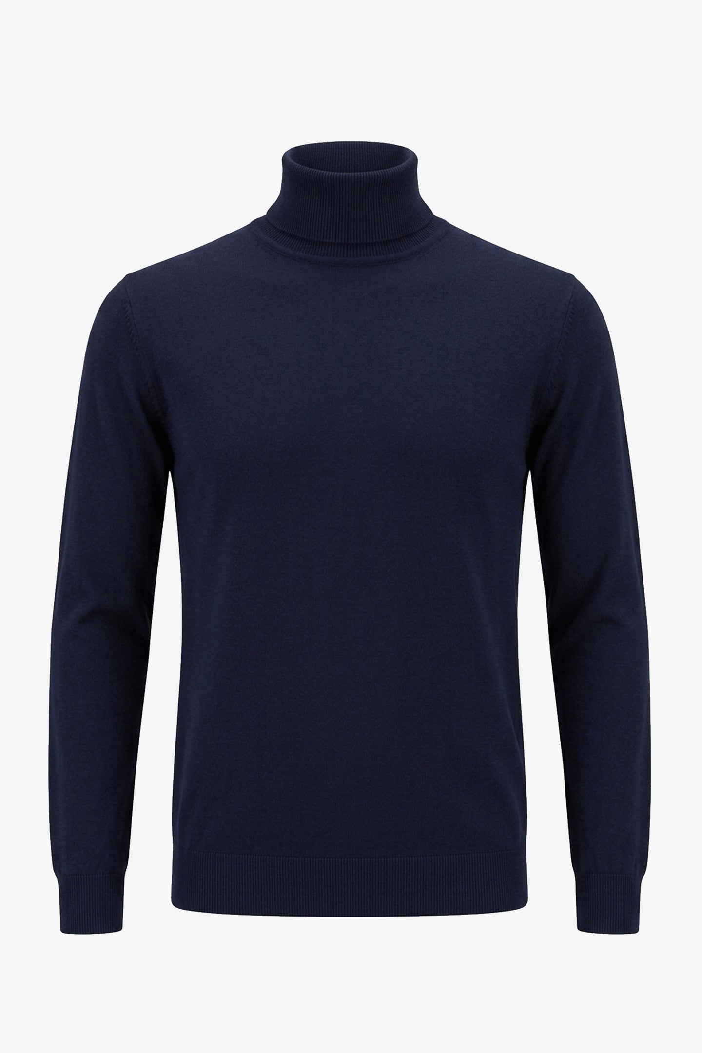 Meeste tumesinine kõrge kaelusega kampsun pehmest viskoossegu kangast pikkade varrukatega kootud pullover