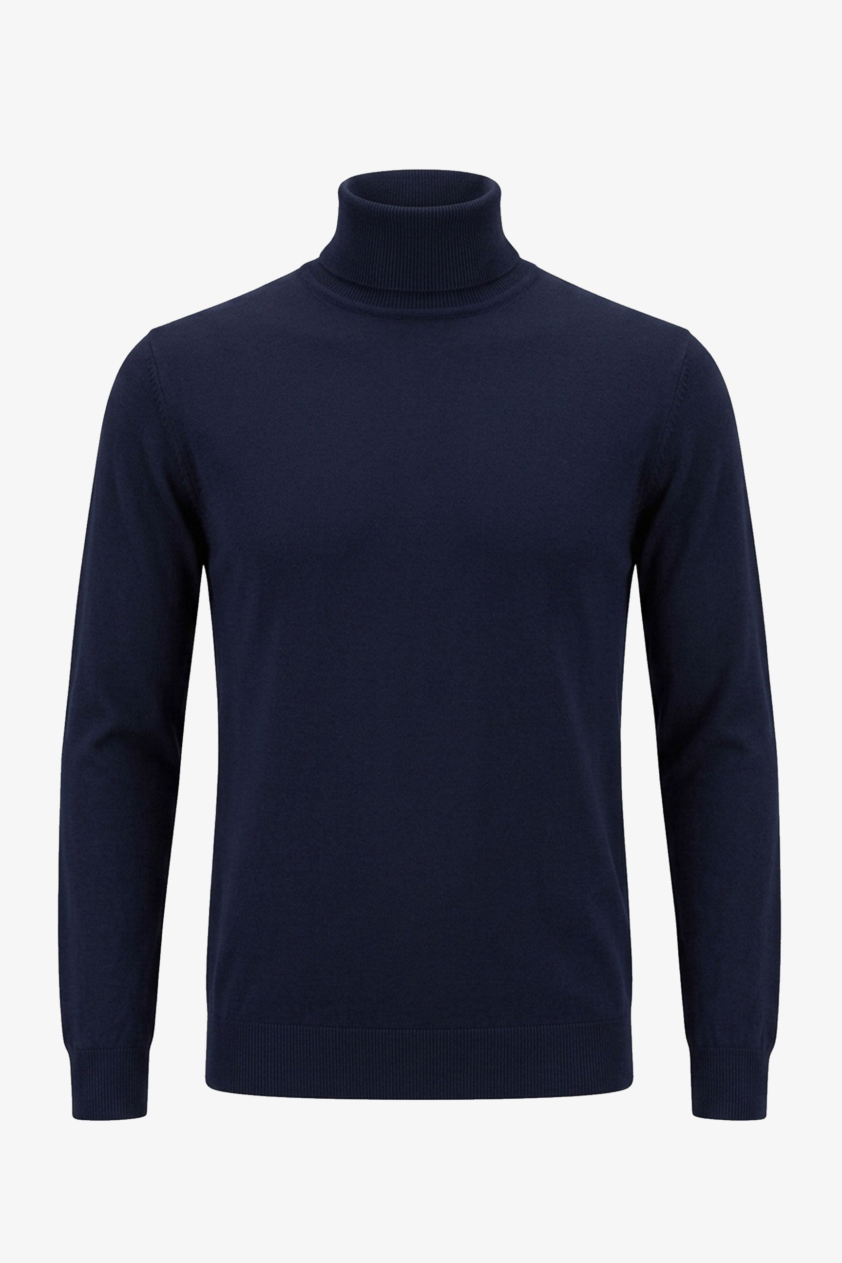 Meeste tumesinine kõrge kaelusega kampsun pehmest viskoossegu kangast pikkade varrukatega kootud pullover