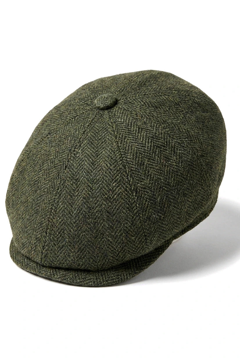 Meeste lameda nokaga villane kalasabamustriga oliivroheline tviidmüts, klassikaline 1920ndate unisex poiste stiilis