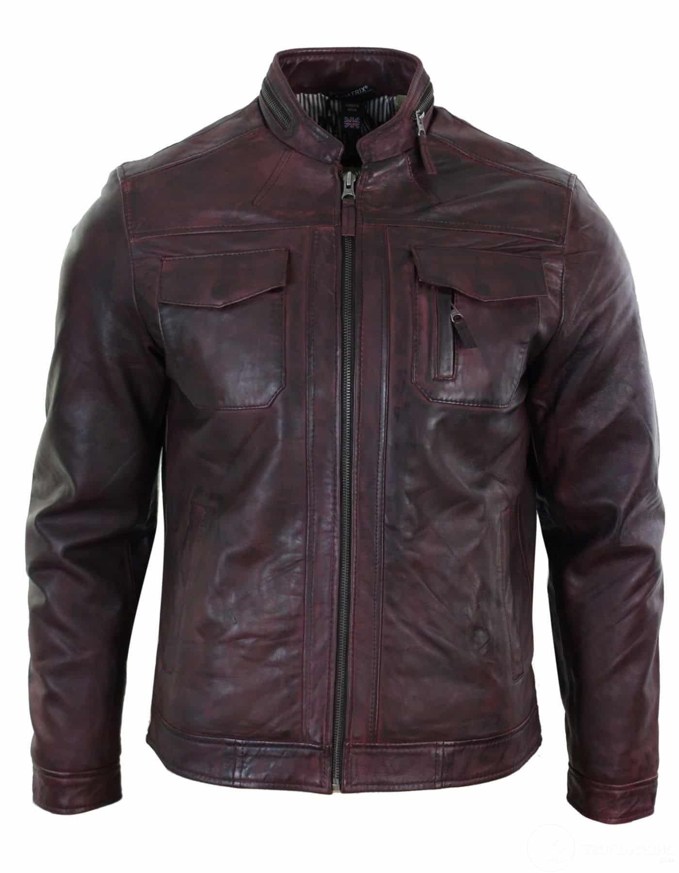 Ehtne nahk, lühike lukuga, vabaaja veinipunane retro meeste bikerjakk, pestud vintage