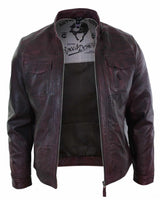 Ehtne nahk, lühike lukuga, vabaaja veinipunane retro meeste bikerjakk, pestud vintage