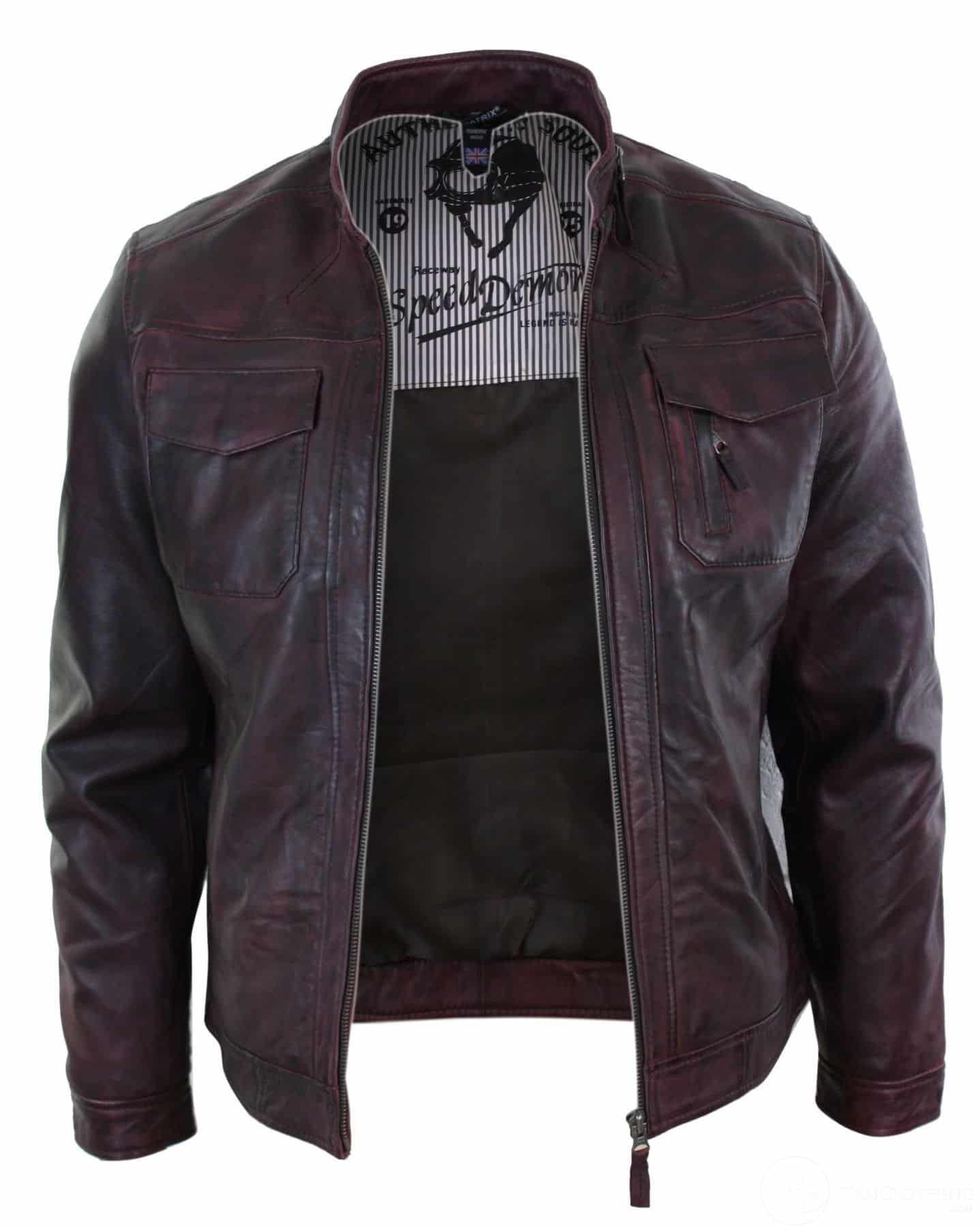 Ehtne nahk, lühike lukuga, vabaaja veinipunane retro meeste bikerjakk, pestud vintage