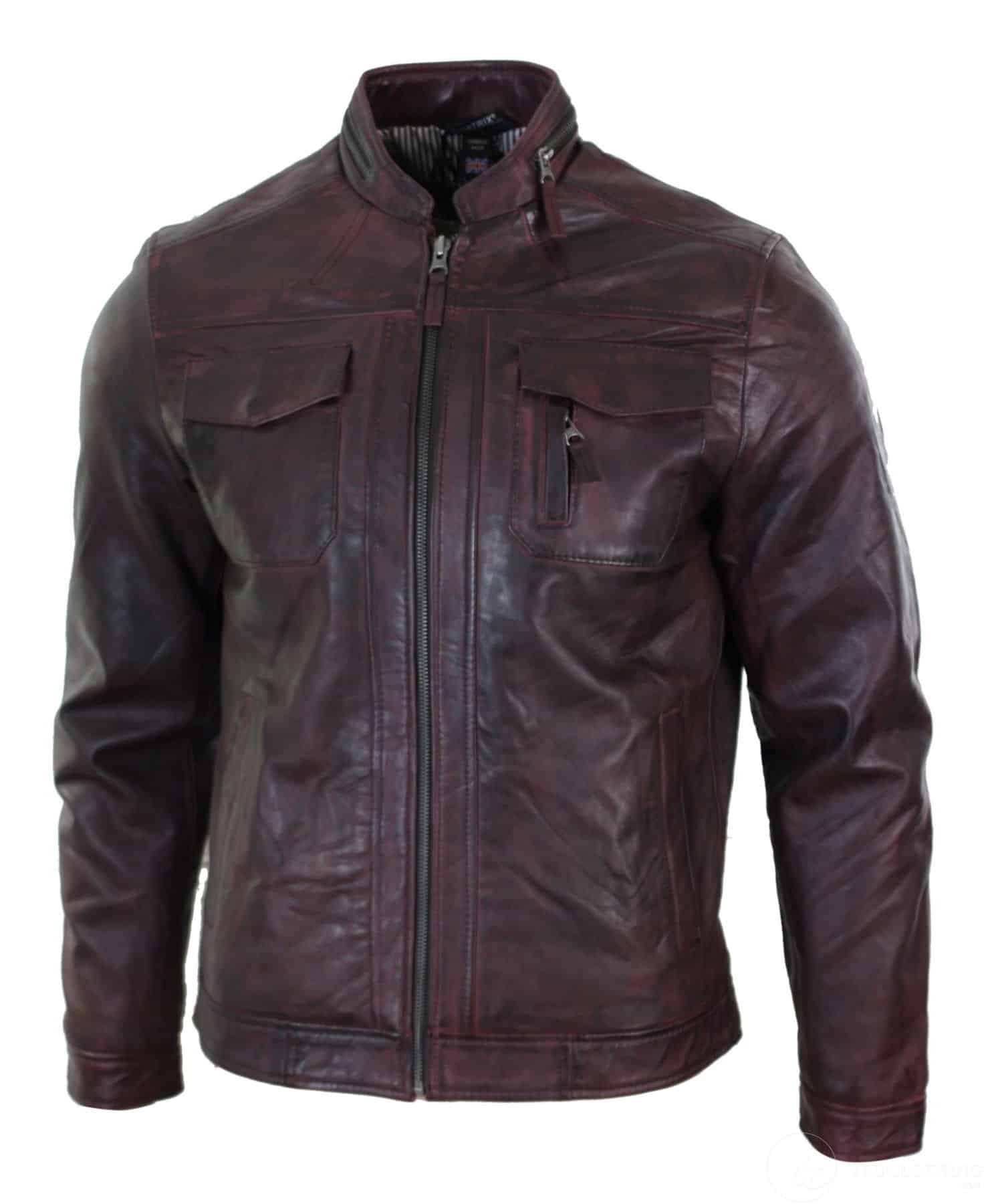 Ehtne nahk, lühike lukuga, vabaaja veinipunane retro meeste bikerjakk, pestud vintage