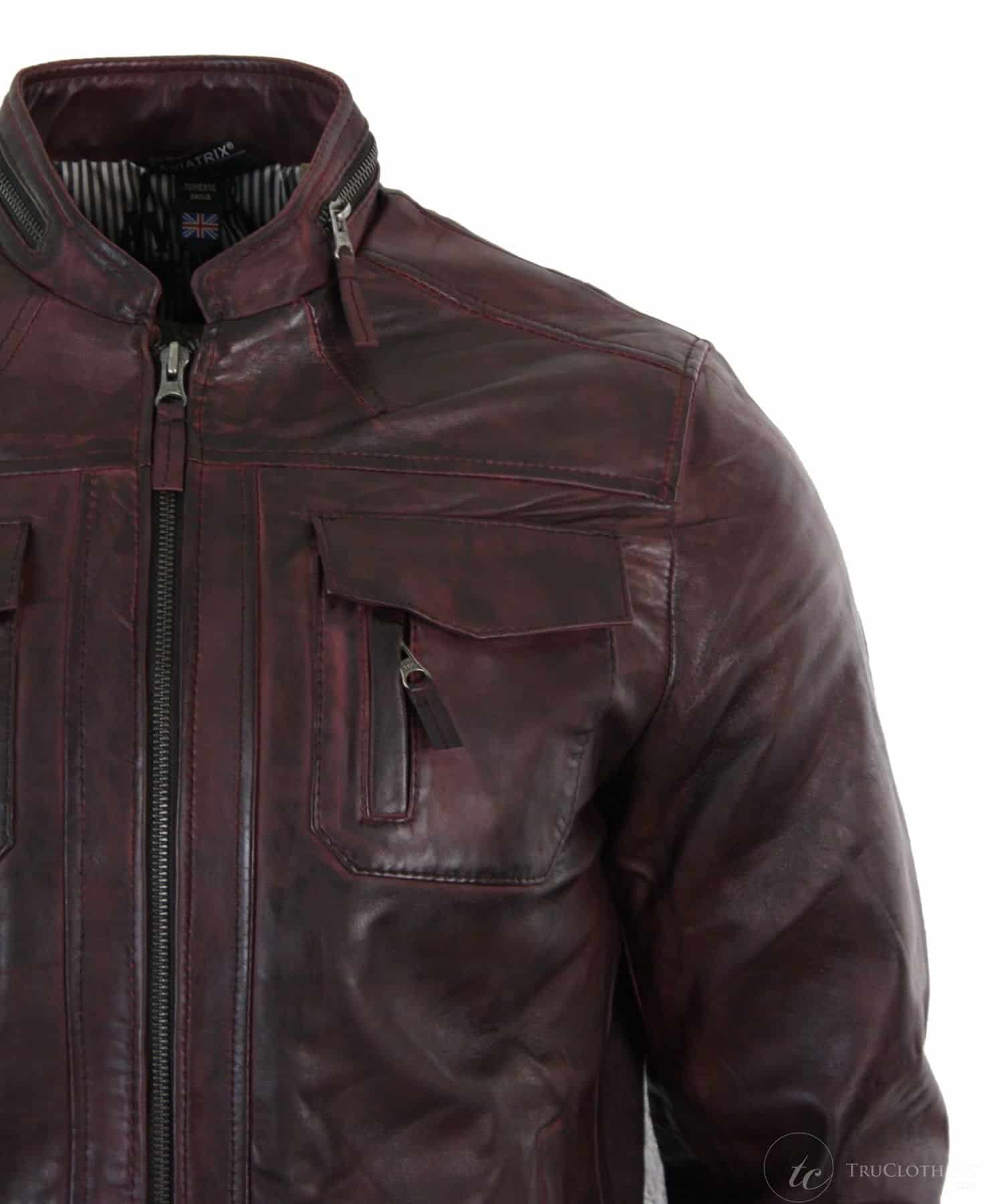 Ehtne nahk, lühike lukuga, vabaaja veinipunane retro meeste bikerjakk, pestud vintage