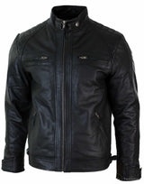 Ehtne nahkne retro stiilis lukuga meeste bikerjakk, pehme must vabaaja-must