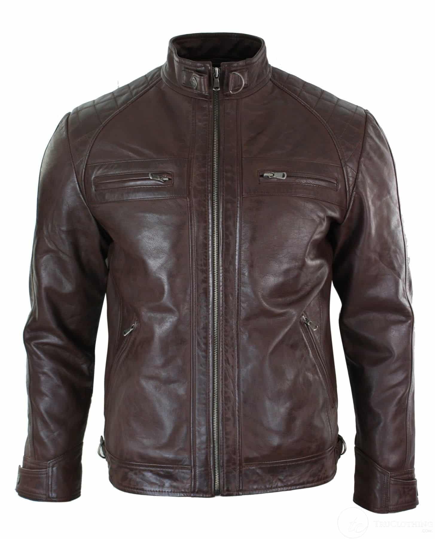 Ehtne nahk, retro stiilis lukuga meeste bikerjakk, pehme, must, vabaaja-pruun