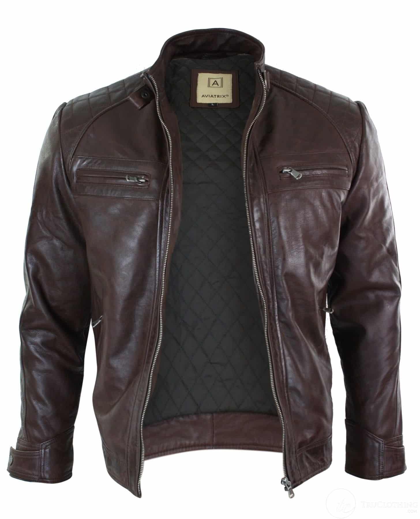 Ehtne nahk, retro stiilis lukuga meeste bikerjakk, pehme, must, vabaaja-pruun