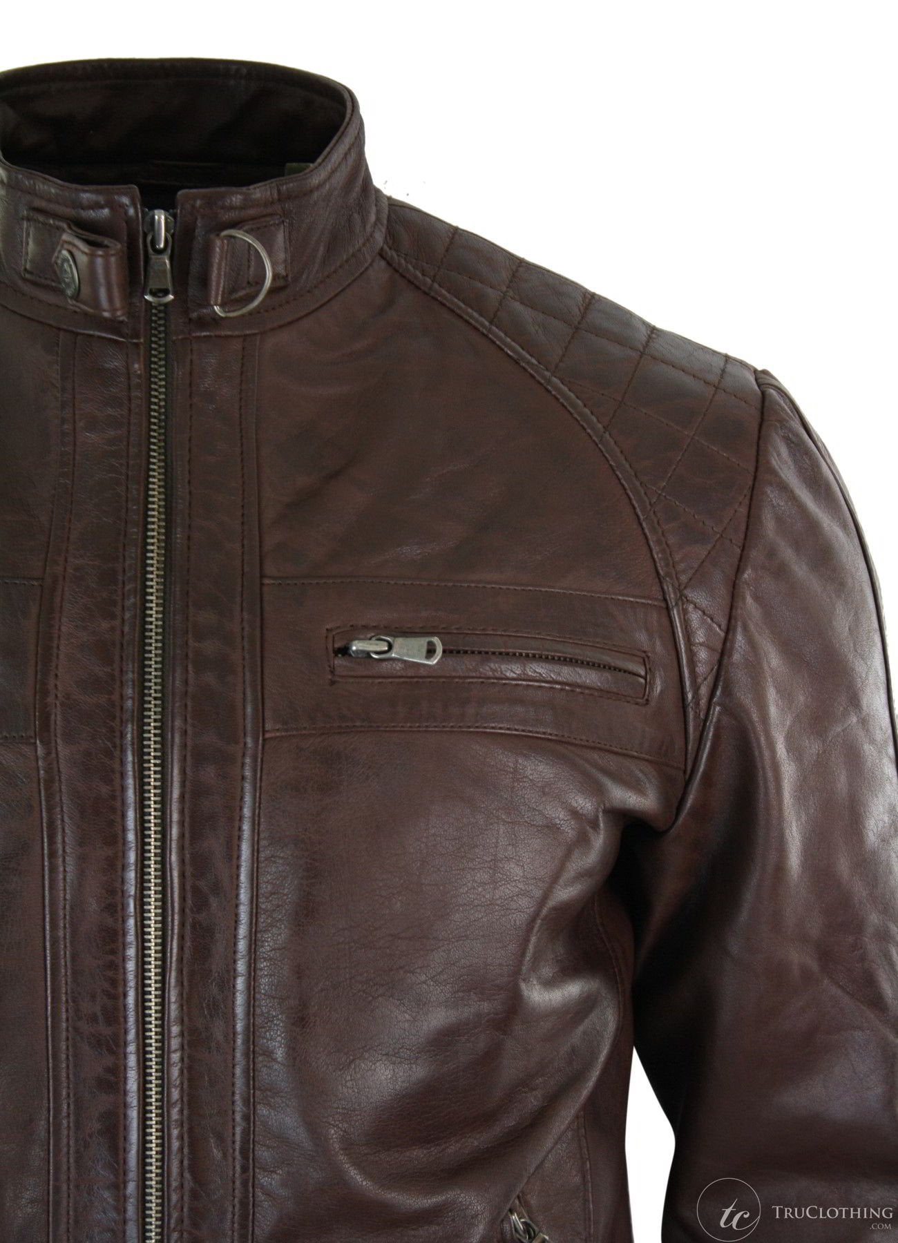 Ehtne nahk, retro stiilis lukuga meeste bikerjakk, pehme, must, vabaaja-pruun