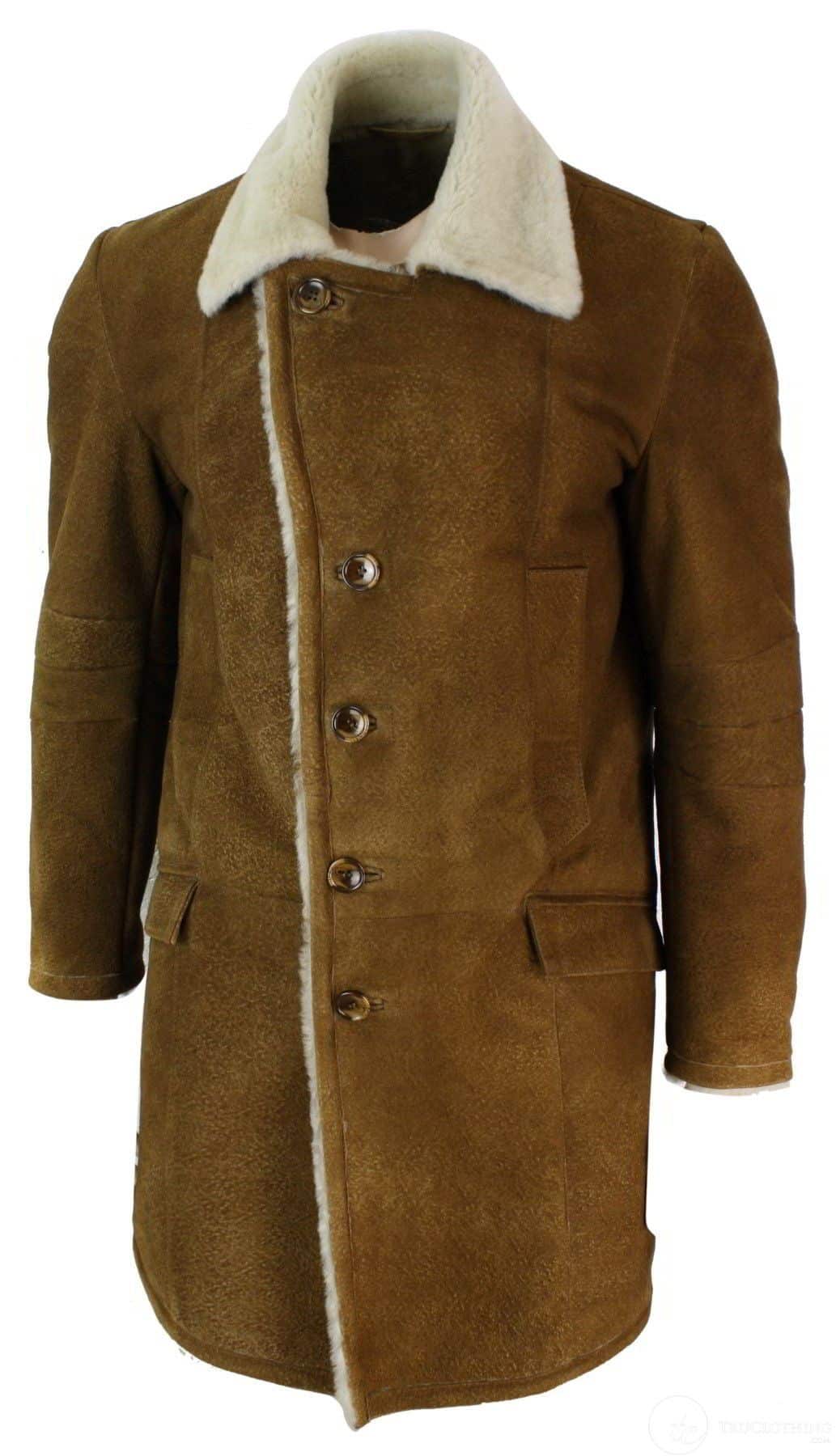 Meeste Sherlingi lambanahast tan-pruun 3/4 mantel Vintage Retro talvesoe