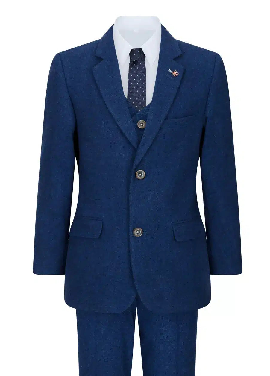 Poiste kolmeosaline villane ülikond, sinine tviidkangast, vintage 1920ndate klassikaline nelja taskuga vest