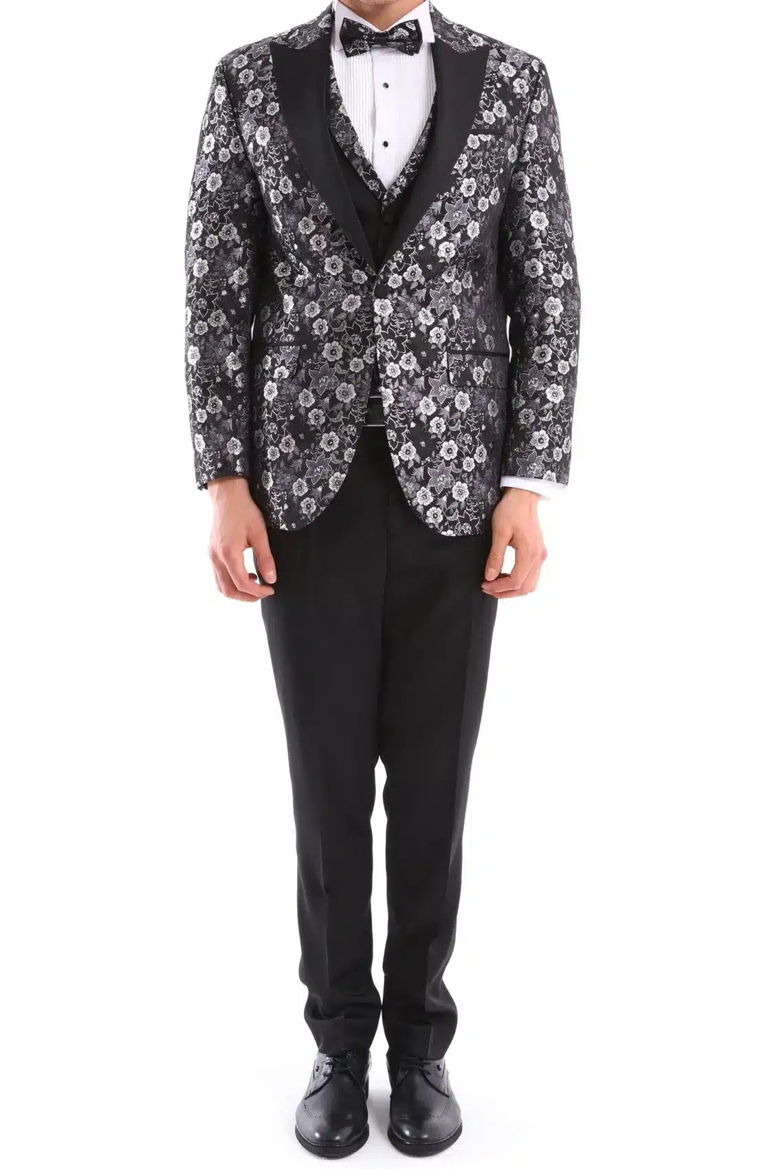 Meeste must hõbedane Paisley mustriga smokinguülikond, 3-osaline, pulmadeks, lõpupalliks, peigmehele, rätsepatööna valminud