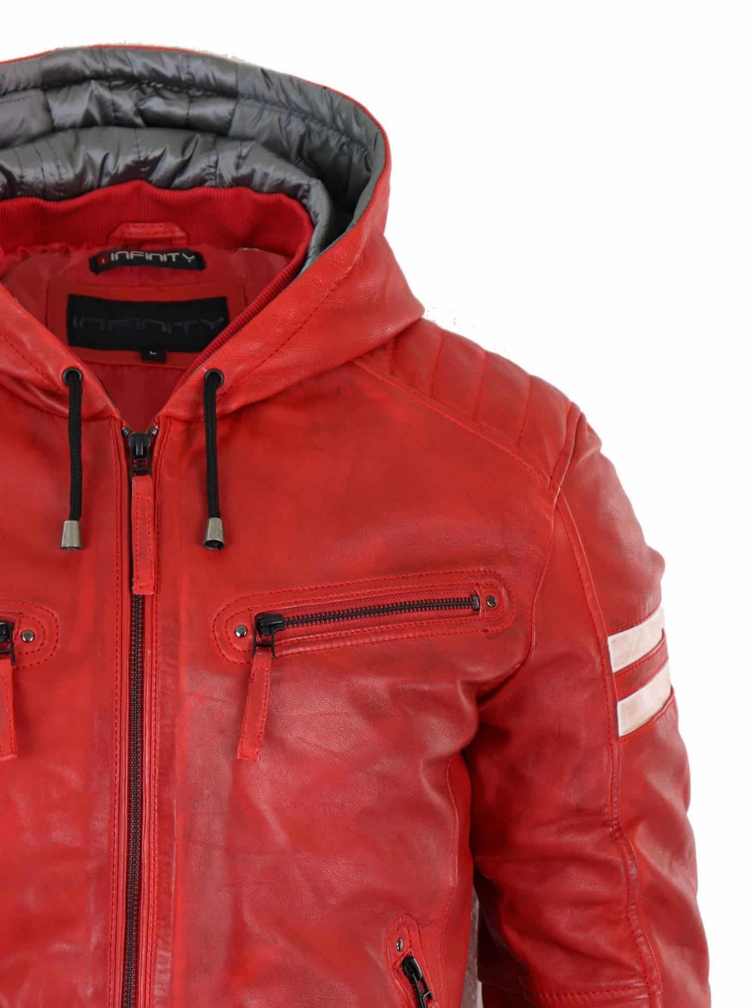 Meeste pärisnahast bomberjakk kapuutsiga - punane