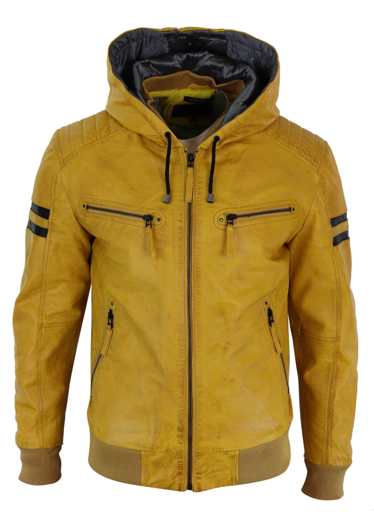 Meeste pärisnahast bomberjakk kapuutsiga - kollane