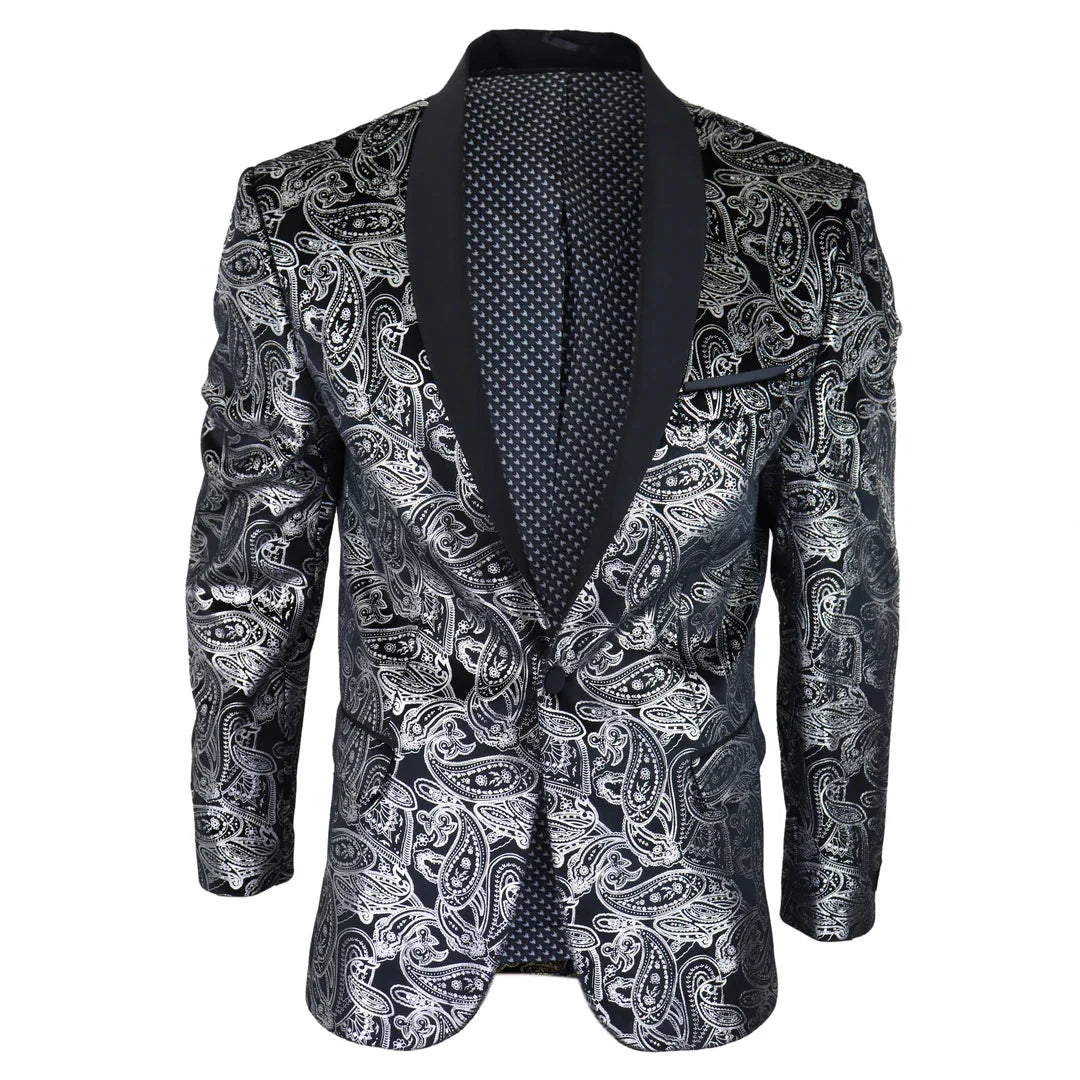 STZ64-65 - Meeste sametist Paisley-mustriga lilleline bleiser hõbemust smokinguga