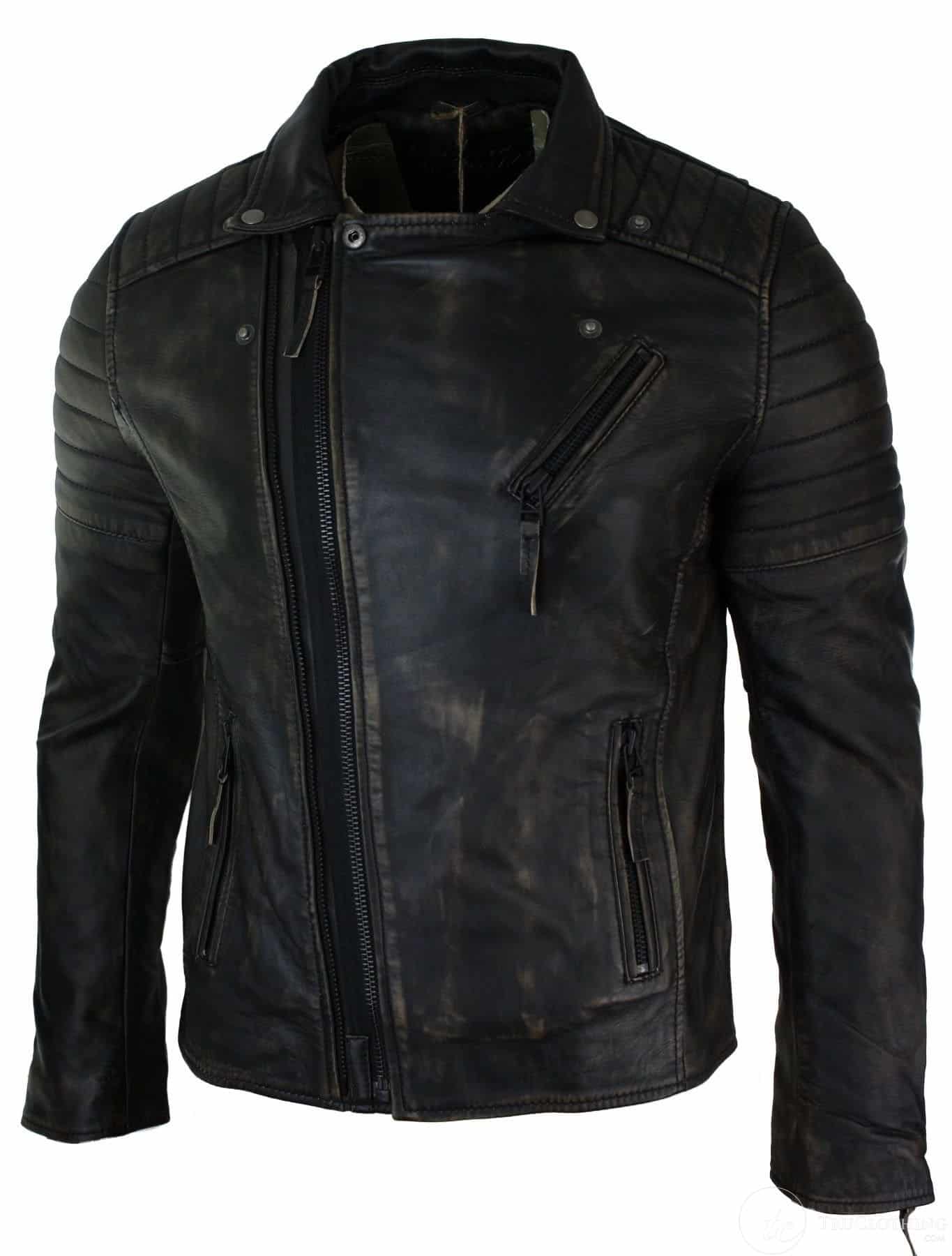 Meeste ehtsast nahast kitsa lõikega risti lukuga retro vintage Brando jope, Vintage Biker-Ruboff must