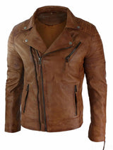 Ehtne nahk, kitsas lõige, risti lukuga meeste retro-vintage Brando jope, vintage biker-pruun